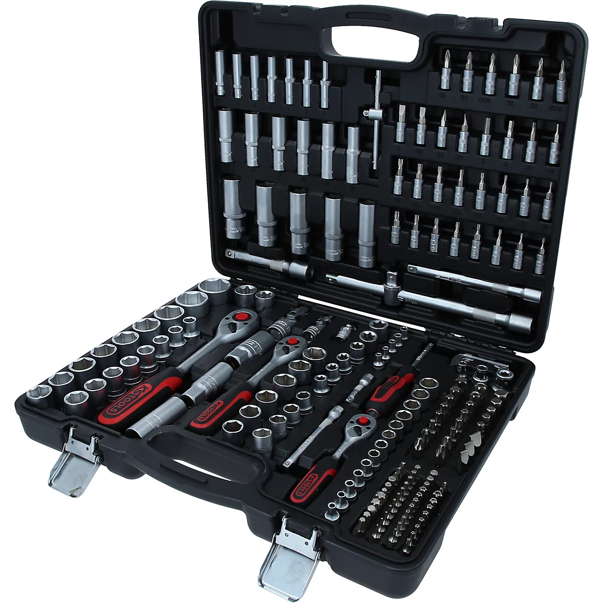 Mallette à outils noire avec diverses clés, douilles et embouts.